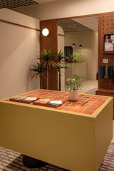 Customised Green Table with Orange Tile Top
